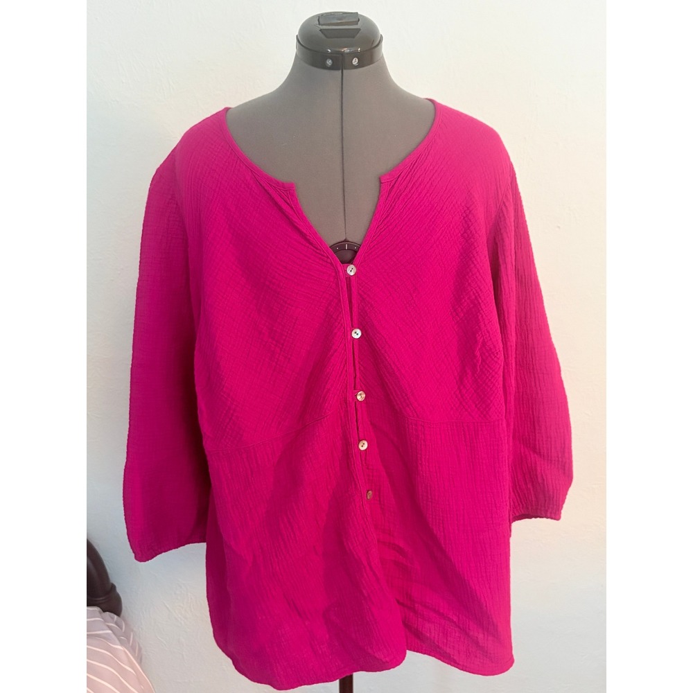 J. Jill Cotton Gauze Tunic XL Pink 3/4 Sleeve Button Front Boho Coastal Tunic
